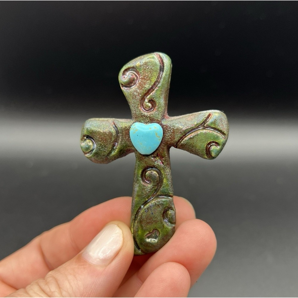 Raku Pottery Sacred Cross Turquoise Heart Magnet Pendant Signed J Diller